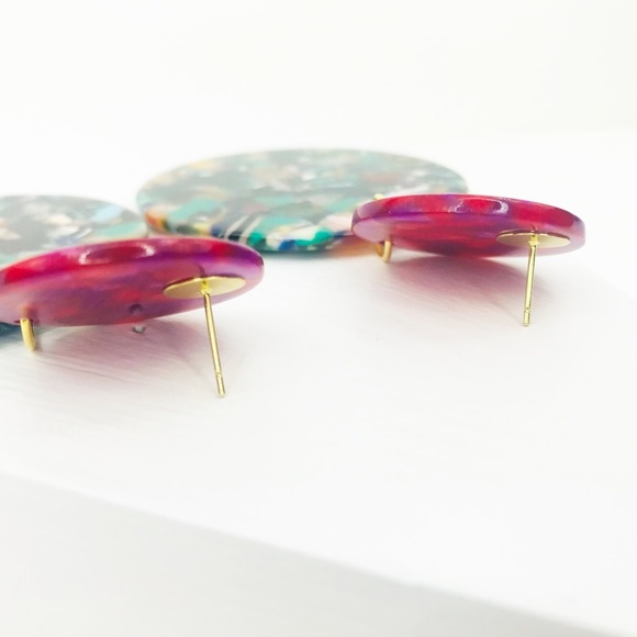 Circle Drop Earrings in Green with Pink Stud - Picture 5 of 8